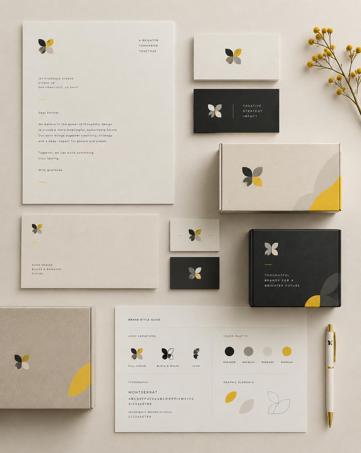 Brand Identity Concept — A concept brand identity demonstration: logo system, stationery and packaging direction. Created by Playhite to show our branding approach — not client work.