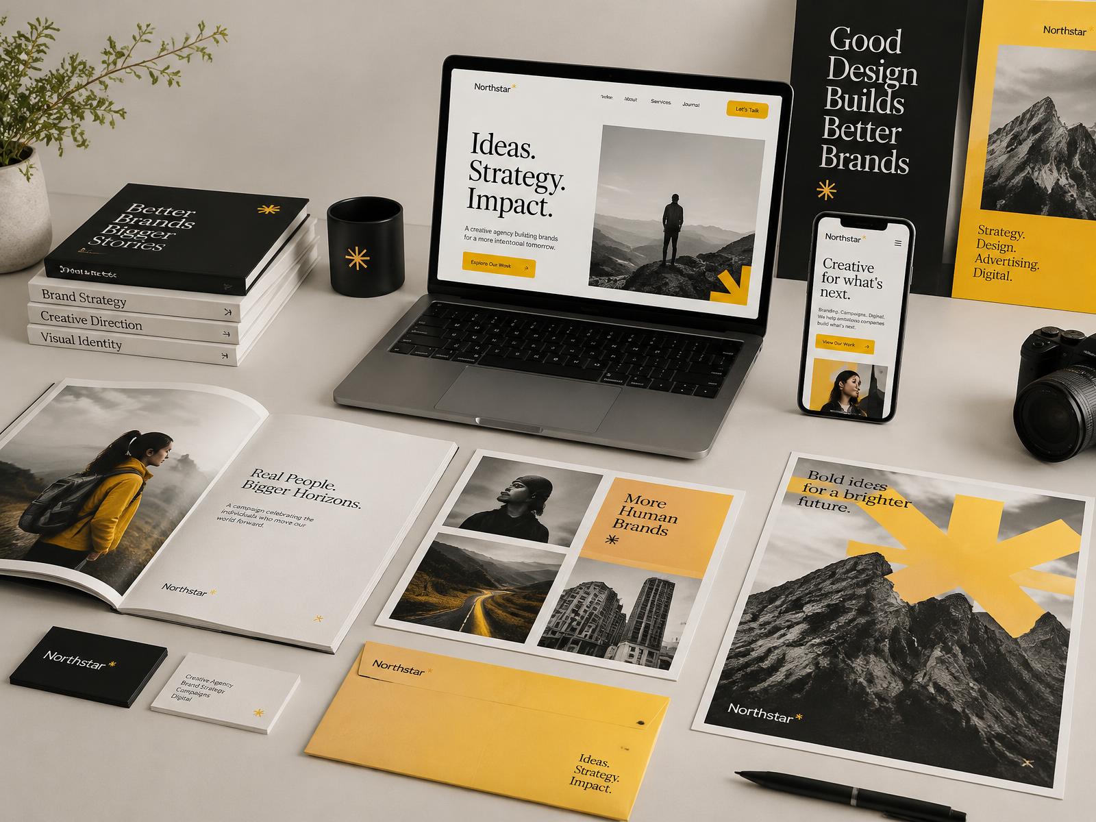 Creative agency work: brand identity materials, website designs and campaign photography